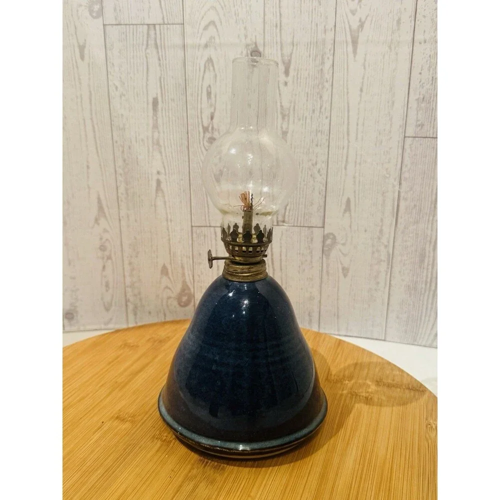 Vintage Ceramic Studio Potter Oil Hurricane Glass Blown Glass Chimney Lamps 9.5”